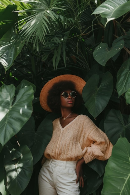 Stylische Frau posiert inmitten von üppigem tropischem Laub und verkörpert eine natürliche Mode-Ästhetik
