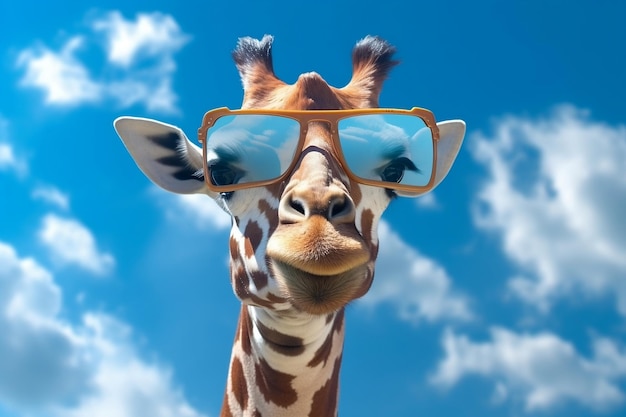 Stylische Giraffe mit Sonnenbrille gegen einen blauen Himmel und weiße Wolken Generative Ai