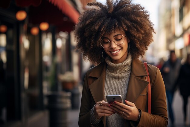 Stylische junge Frau mit Afro-Haaren lächelt mit ihrem Handy, während sie draußen steht