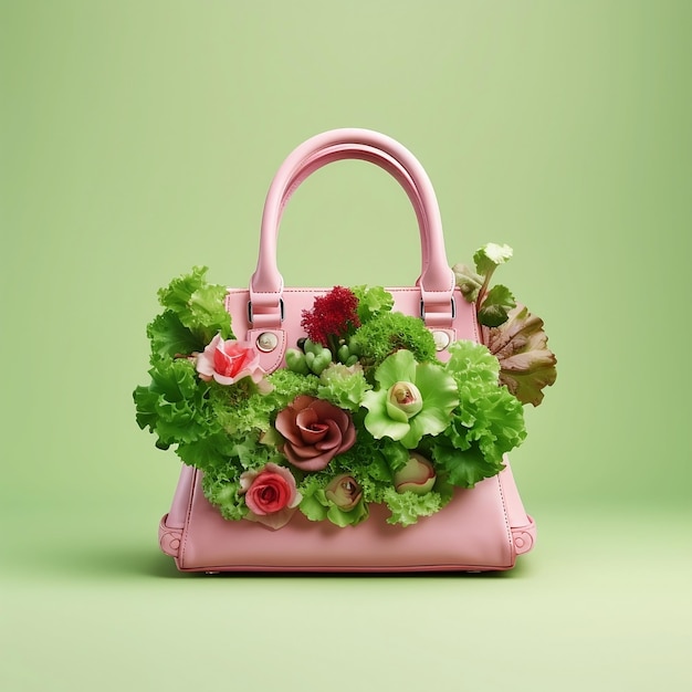 Stylische originelle grüne Damen-Handtasche mit Salat auf rosa Hintergrund Öko-Konzept KI-generiert