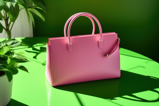 Stylische rosafarbene Handtasche für Frauen auf einem Tisch-Seiten-View-Mockup