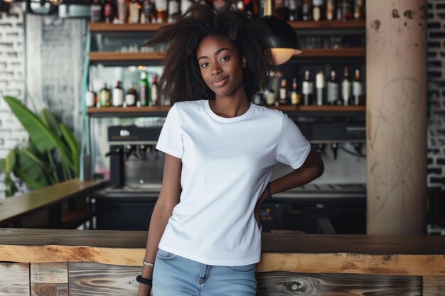 Stylische schwarze Frau in weißem T-Shirt und Jeans in einem Café präsentiert ein T-shirt-Design-Mockup