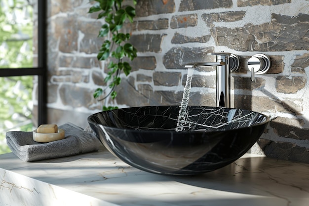 Foto stylische schwarze marmorrunde behälter waschbecken und wand-montierte wasserhahn auf steinmauer innenarchitektur von