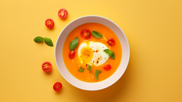 Stylische Tomaten- und Eiersuppe auf gelbem Hintergrund