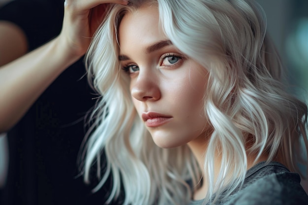 Stylische ultra blonde Haarfarbe für schöne Mädchen Modischer Salon-Look