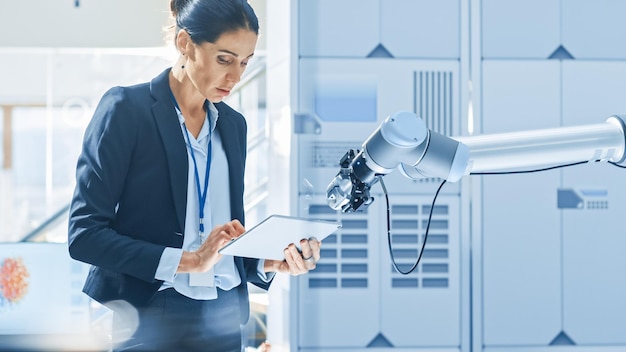 Stylische weibliche Ingenieurin für industrielle Robotik verwendet einen Tablet-Computer, um den Roboterarm zum Heben beweglicher Objekte zu programmieren und zu manipulieren Technologieforschungsanlage für maschinelles Lernen und Cloud Computing