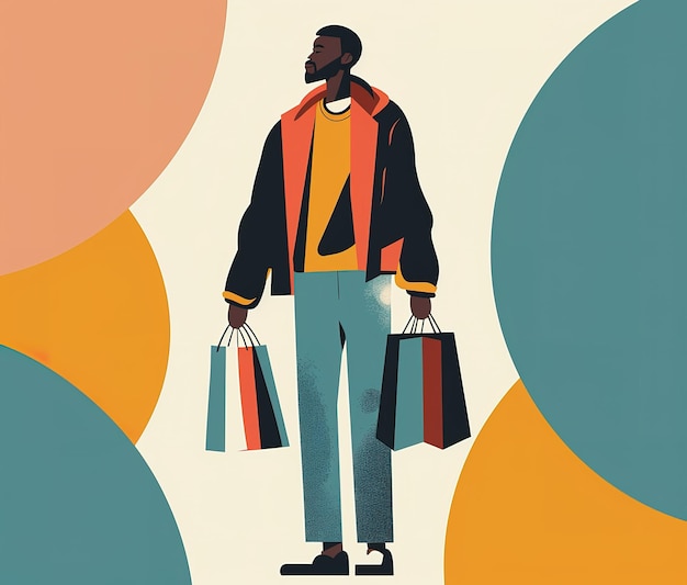 Stylischer Shopper auf abstraktem, farbenfrohem Hintergrund, moderner städtischer Lebensstil und Modeillustration