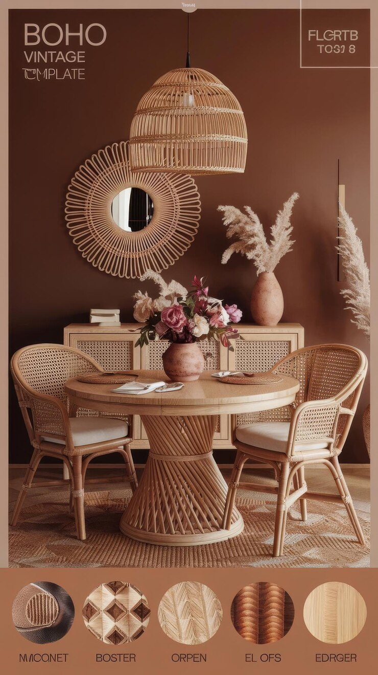 Foto stylisches boho-vintage-esszimmer-interieur mit rundem tisch, rattan-chrome und blumen, braun wal