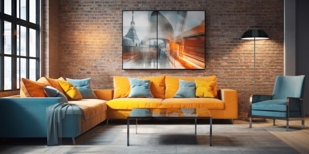 Foto stylisches heiminterieur loftzimmer mit ziegelsteinwand und sofa in blauer und gelber farbe generative ai