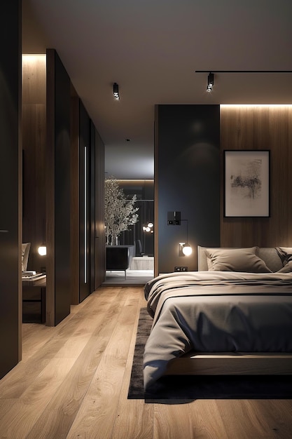 Stylisches Interieur des Schlafzimmers in einem modernen Haus im zeitgenössischen Stil