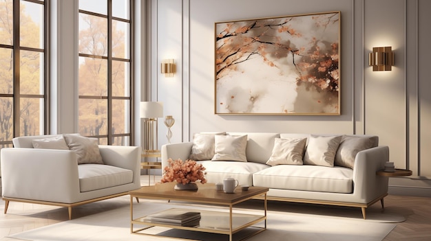 Stylisches modernes Wohnzimmerinterieur in eleganten goldenen Farben mit einem Gemälde an der Wand