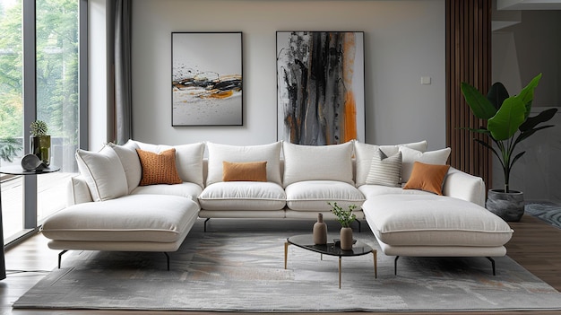 Stylisches Wohnzimmer-Interieur mit moderner komfortabler Sofa-Pflanze und Bildern