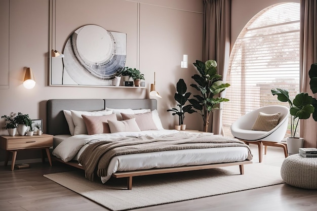 Stylisches, zeitgenössisches Zimmerinterieur mit bequemem Bett