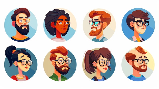 Foto stylish avatars with round frames and funny faces modern set of male and female portraits with different hairstyles glasses and beards