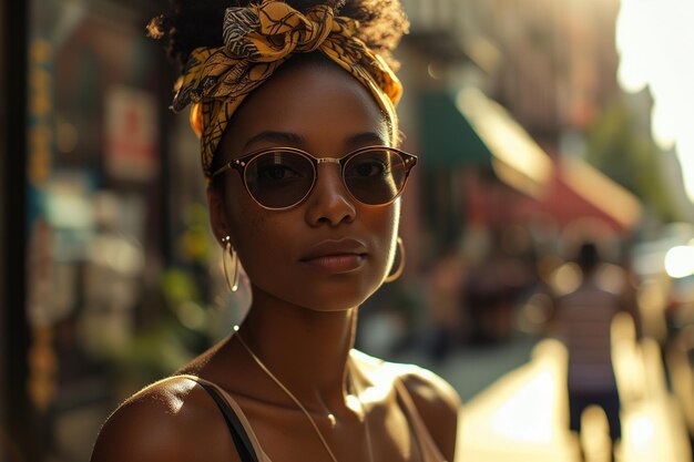 Stylish bela adulta mulher afro-americana em óculos de sol de pé em uma rua da cidade olhando para a câmera estilo de vida de verão retrato de mulher