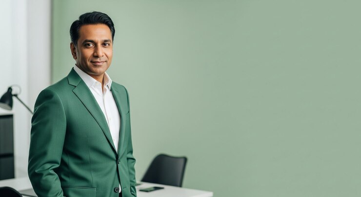 Stylish Businessman in Green Suit Smiling Confidently