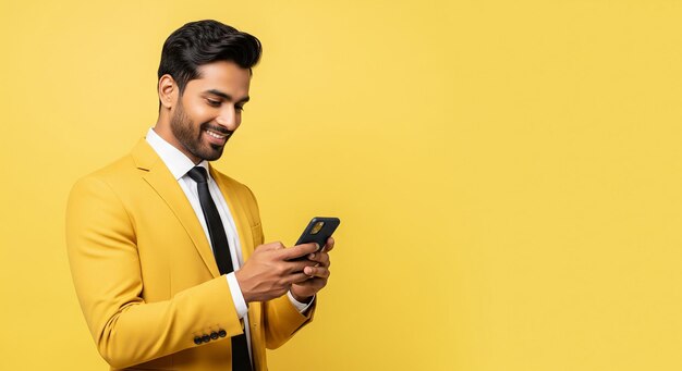 Stylish Businessman in Yellow Suit Using Smartphone
