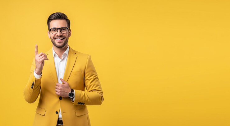 Stylish Businessman Pointing Up and Smiling