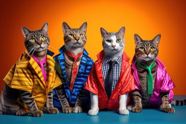 Foto stylish cat rock band anthropic felines fazem uma pose em uma foto de estúdio vibrante