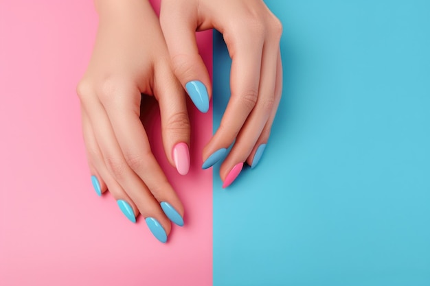 Stylish manicure feminina de moda Belas mãos de jovens mulheres em fundo rosa e azul