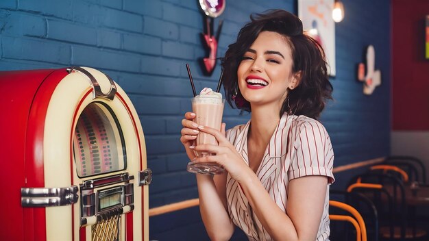 Foto stylish mulher sorridente atraente em retro vintage 50s café em música jukebox bebendo milk shake co