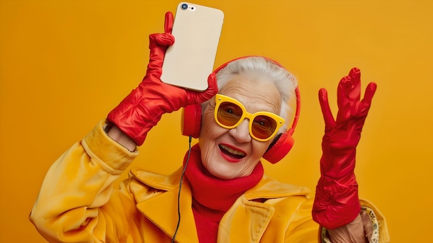 Stylish Senior Woman en amarillo posando con teléfono Moderno y confiado Retrato de estilo de vida divertido contra un fondo vibrante AI