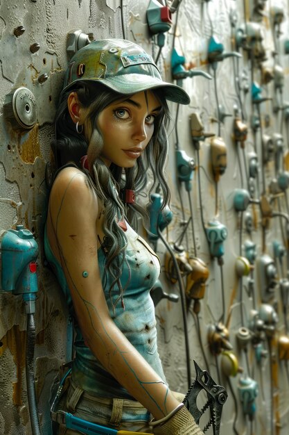 Stylish Steampunk Girl con guante mecánico apoyado en una pared cubierta de engranajes en un entorno distópico