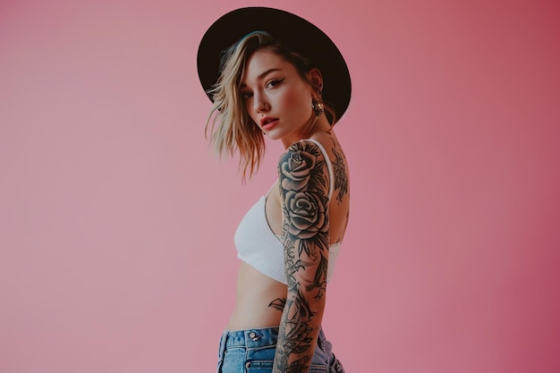 Foto stylish tattooed woman in chic attire retrato de estúdio