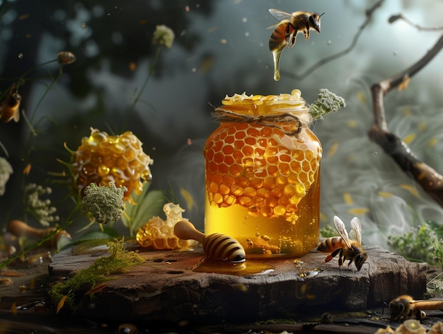 Stylisierter frischer Bio-Honig in einem Glas mit Honig-Dipper-Biene in der Nähe von einem Glas und frischem Honig-Compb mit Honig