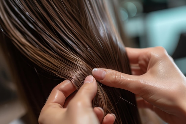 Stylist überprüft die Haarstruktur mit den Fingern