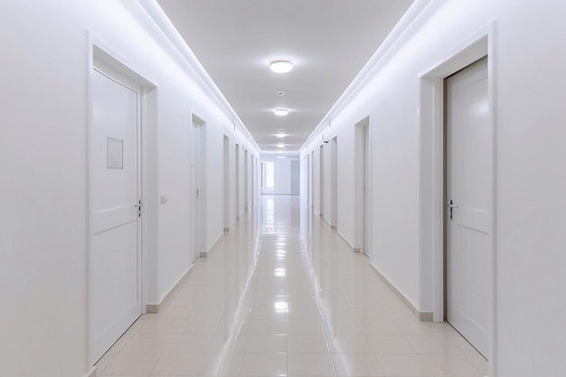 Su hermoso corredor blanco largo y vacío en el interior del vestíbulo de los apartamentos modernos