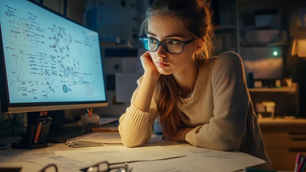 en su laboratorio rodeada de complejas IA generativas matemáticas