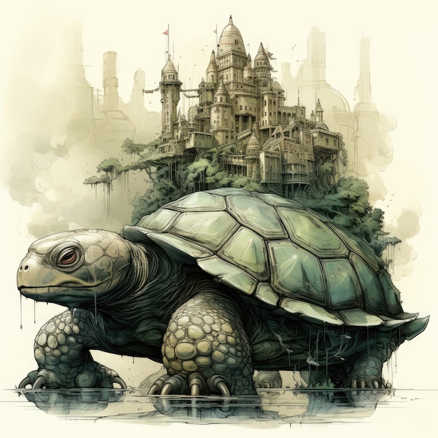 En su parte de atrás hay un castillo un dibujo de tortuga Ilustración IA generativa