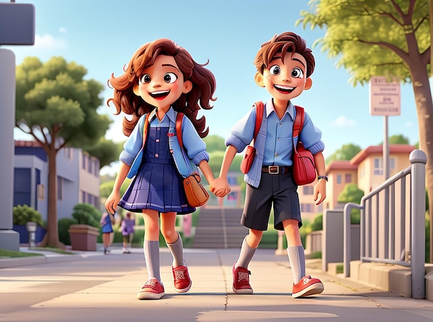 Suas risadas ecoaram pelas ruas enquanto a linda menina e o menino caminhavam para a escola em um caminho perfeito.