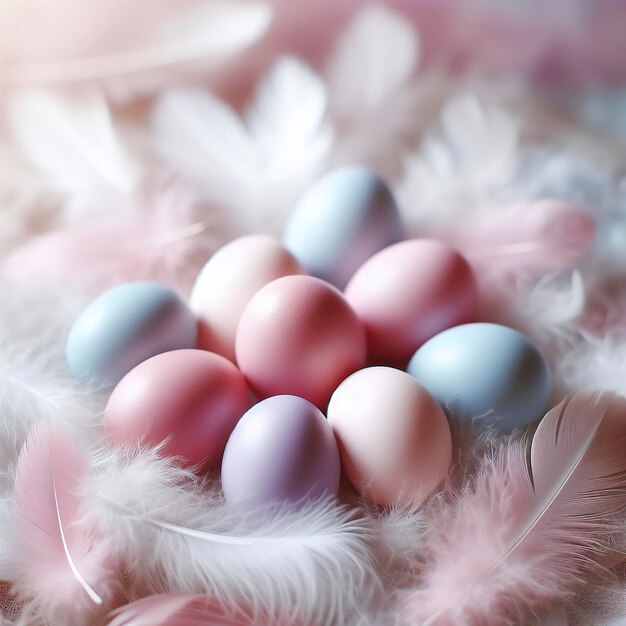 Foto un suave abrazo de huevos coloridos entre plumas