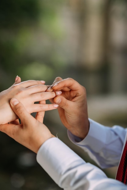 El suave abrazo de las manos de los recién casados con anillos de boda 3185