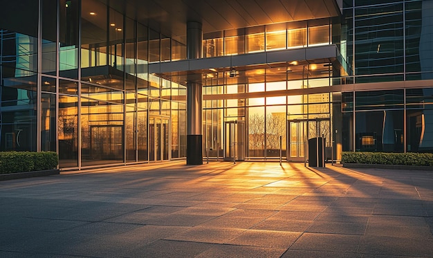 Suave amanecer en la entrada del edificio de oficinas