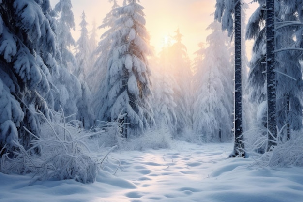 El suave amanecer de invierno ilumina un denso bosque cubierto de nieve de pinos y abetos helados