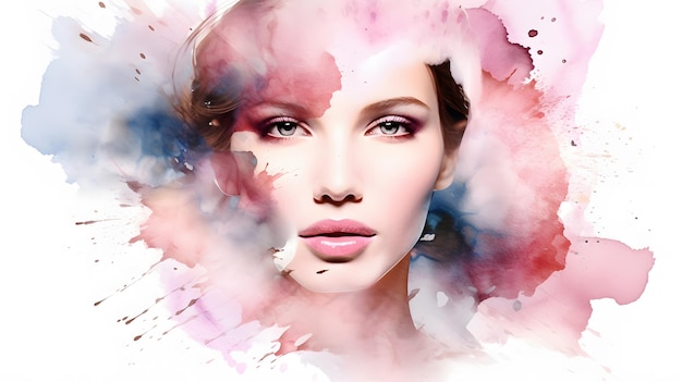 Foto suave belleza rubia rostro femenino rosa suave pintura acuarela salpicadura ilustración publicidad cosmética generativo ai