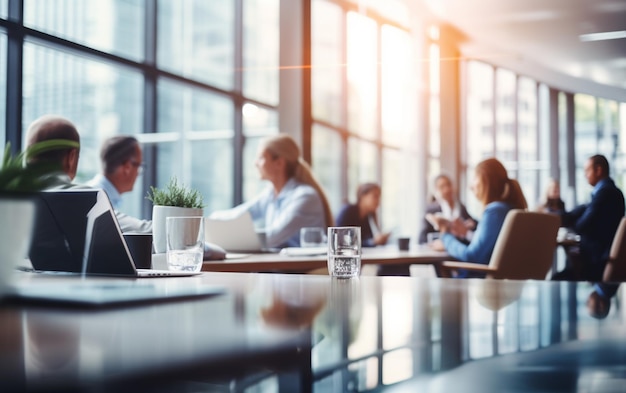 Suave borrosa de personas reunidas en la mesa, gente de negocios hablando en una oficina moderna