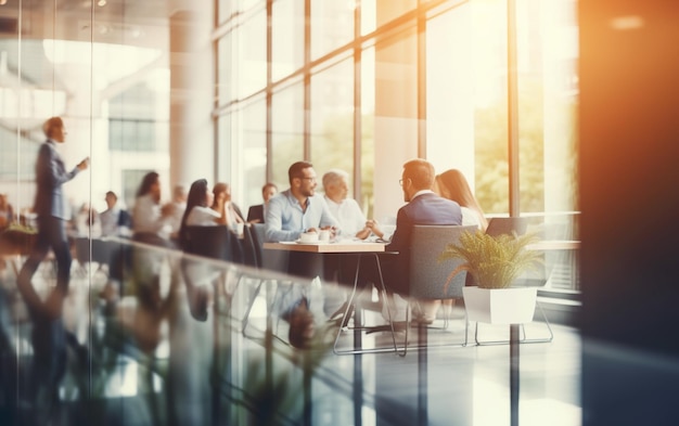 Suave borrosa de personas reunidas en la mesa, gente de negocios hablando en una oficina moderna