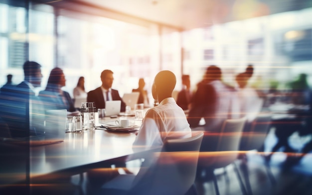 Suave borrosa de personas reunidas en la mesa, gente de negocios hablando en una oficina moderna