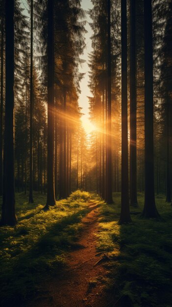 Foto la suave y cálida luz se filtra a través de los árboles