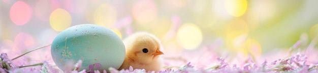 Una suave escena primaveral con un pollito de peluche ubicado dentro de un enorme huevo de Pascua pintado en colores pastel contra un fondo Pastel Bokeh