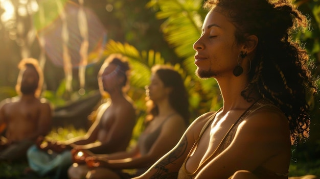 Con la suave luz del sol filtrándose a través de los árboles un grupo de individuos se sientan en meditación sus ojos