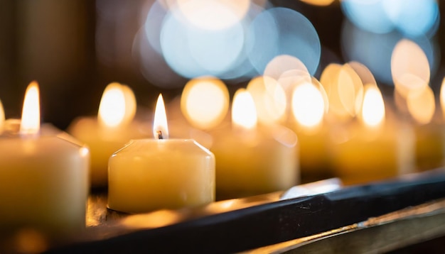 La suave luz de las velas llena la iglesia proyectando un brillo cálido en medio de luces abstractas creando un ambiente sereno