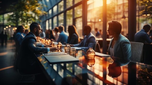 Suave de personas borrosas reuniéndose en la mesa