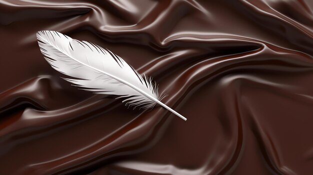 Una suave pluma blanca descansando en un lujoso fondo de chocolate oscuro