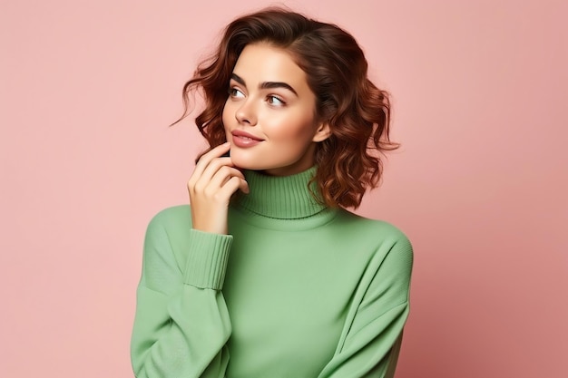 El suave retrato de una joven con un suéter verde perdido en el pensamiento de la IA generativa