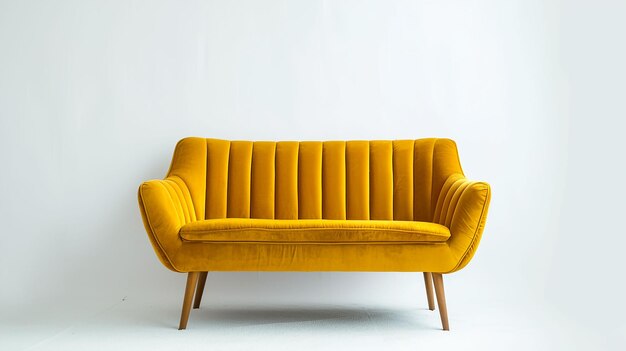 suave sofá amarillo vacío se encuentra en el fondo blanco aislado cómodo sofá de tela está solo de nuevo